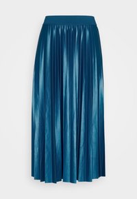 Gonna lunga plissettata in tessuto turchese lucido. Presenta una fascia elastica larga in vita e pieghe verticali per texture e movimento.