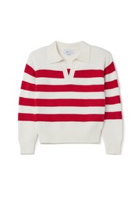 Strickpullover in Creme mit kräftigen roten horizontalen Streifen, kragenlosem Hals, und gerippten Bündchen und Saum. Strukturiertes Garn.