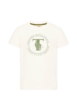 T-shirt blanc à manches courtes avec un logo circulaire vert comportant un grand T et un lévrier, entouré du texte "Trussardi Gentle Society."
