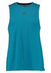 Top sportivo senza maniche di colore teal con il logo Jumpman nero centrato sotto il colletto e un dettaglio in rete all'interno del colletto.