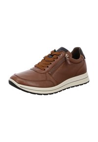 Brauner Leder-Sneaker mit Schnür- und Reißverschluss; verfügt über schwarze Akzente, abgerundete Zehenpartie und eine gepolsterte weiße und schwarze Sohle.