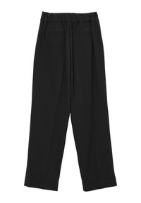 Pantaloni neri su misura con un design a gamba larga, vita elastica e due tasche posteriori. Tessuto liscio con una finitura netta.