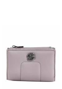 Portefeuille en cuir violet clair avec une fermeture éclair, doté d'un logo argenté et d'un emplacement pour cartes. Texture lisse et forme rectangulaire.