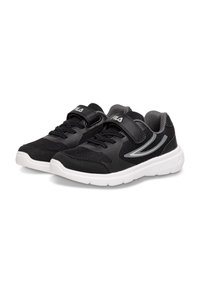 Sneakers in rete nera con strap in Velcro e chiusure con lacci. Suola in gomma bianca con accenti grigi e superficie testurizzata. Design leggero.