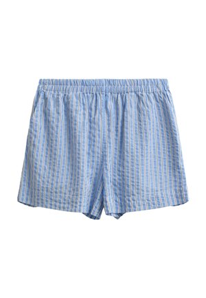 Shorts en coton bleu clair avec des rayures verticales blanches et beiges, taille élastique et coupe décontractée.