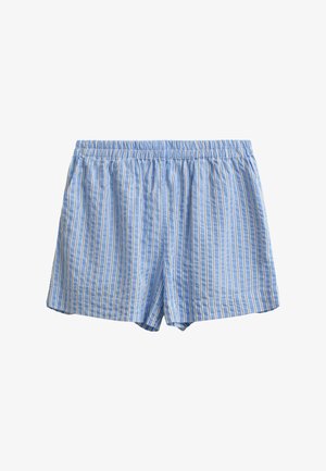 Lichtblauwe katoenen shorts met verticale witte en beige strepen, elastische tailleband en een ontspannen pasvorm.