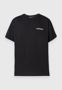 Camiseta de algodón negra con un ajuste holgado, que cuenta con mangas cortas y un logo blanco de "Carhartt" situado en el área del pecho izquierdo.