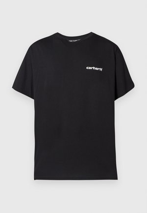 Czarny bawełniany t-shirt o luźnym kroju, z krótkimi rękawami i białym logo "Carhartt" umieszczonym po lewej stronie klatki piersiowej.