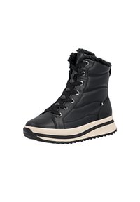 Schwarze hohe Stiefel aus Leder mit einem weichen Fellfutter. Sie verfügen über dicke schwarze Schnürsenkel und eine schichtweise cremefarbene Sohle für besseren Halt.