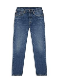 Blauwe denim jeans met een ontspannen pasvorm, rechte pijpen, ontwerp met vijf zakken, zichtbare stiksels en koperen klinknagels op de voorzakken.