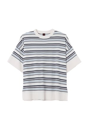Weißes T-Shirt mit kurzen Ärmeln, versehen mit navy- und blauen horizontalen Streifen. Mit einem gerippten Rundhalsausschnitt und einem lockeren Schnitt. Hergestellt aus weichem Baumwollmaterial.