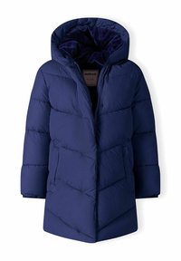 Chaqueta de plumas azul marino con capucha, textura acolchada, cierre central con cremallera y botones a presión; diseñada con bolsillos laterales para mayor utilidad.
