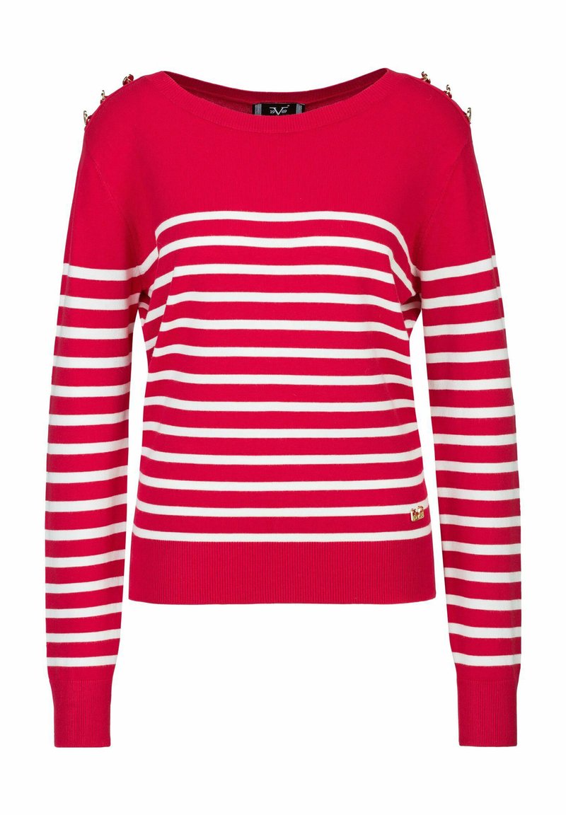 GestreIFtES rot-weiSS langÄrmlIges Sweater mit einem Bootsausschnitt und dekorativEN goldfarbEN Knöpfen an den Schultern. Gestrickter Stoff.
