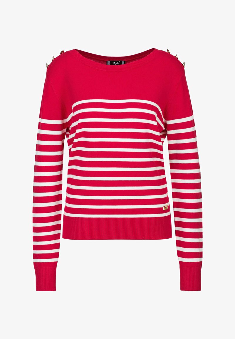 GestreIFtES rot-weiSS langÄrmlIges Sweater mit einem Bootsausschnitt und dekorativEN goldfarbEN Knöpfen an den Schultern. Gestrickter Stoff.