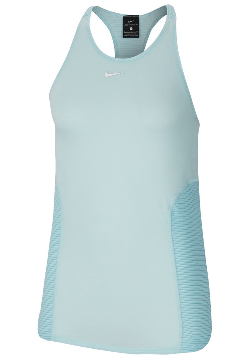 Lysblå Nike sportstanktop med en glat front, ribbede sidepaneler og racerback-design. Lille logo på brystet.
