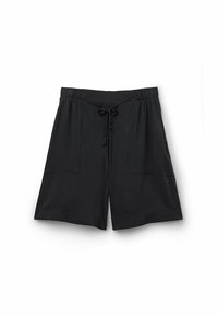 Pantalones cortos negros con cintura elástica y cordón ajustable. Cuenta con dos grandes bolsillos laterales y un corte holgado y relajado. Tela suave.