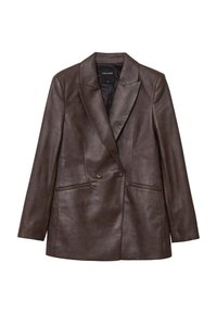Blazer en cuir marron avec un col à revers, un devant croisé, deux poches latérales et une texture lisse. Comprend une doublure intérieure noire.