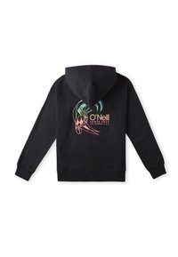 Zwarte hoodie van katoen met een kangoeroezak, voorzien van een meerkleurig grafisch ontwerp op de achterkant, inclusief logo-tekst en accenten.