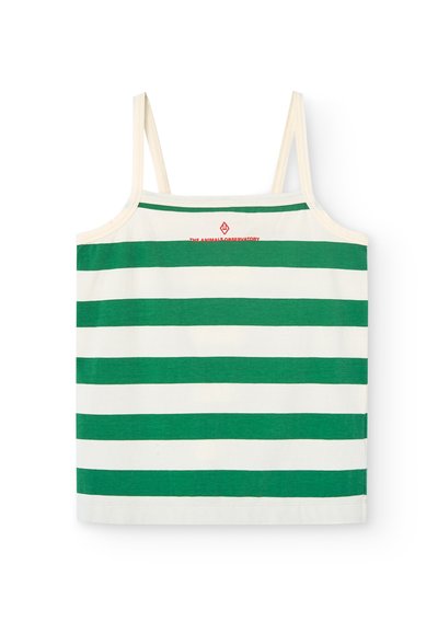 Grøn- og hvidstribet tanktop med tynde stropper. Har et lille rødt logo på den øverste front. Lavet af en bomuldsblanding.