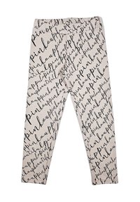 Pantaloni slim-fit beige chiaro con un motivo di testo corsivo nero ripetuto che copre l'intero tessuto.