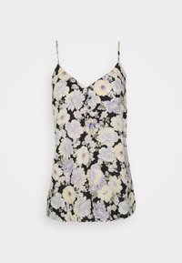 Camisola floral em preto com flores pastel. Apresenta alças finas, decote em V e detalhes de botões na frente. Tecido suave e leve.