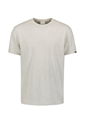 Light gray cotton t-shirt with a round neckline and short sleeves, featuring a subtle texture and a small logo on the left sleeve.