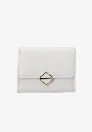 White textured leather wallet with a flap closure, featuring a gold diamond-shaped hardware accent in the center.