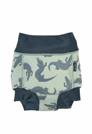 Scutec de înot reutilizabil, confecționat dintr-un material verde deschis cu model de aligator, talie elastică bleumarin și margini tivite cu volane bleumarin.