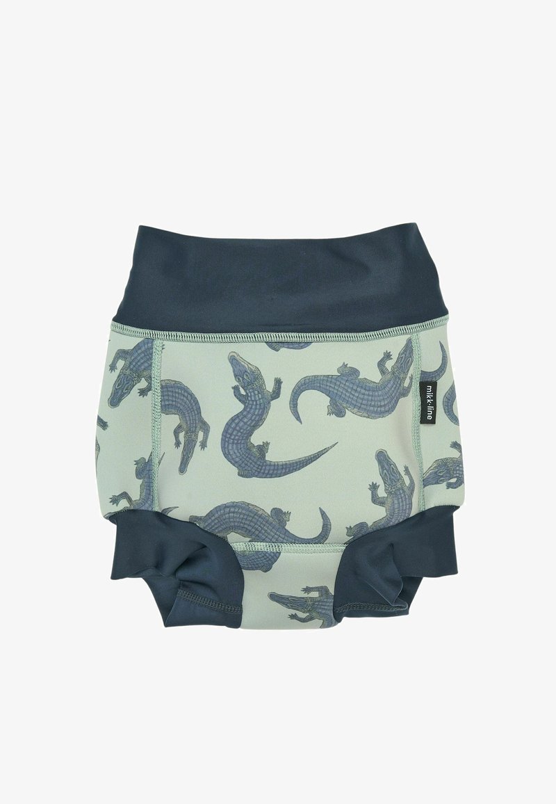 Culotte de bain réutilisable en tissu vert clair à motif alligator, avec une ceinture élastique marine et des ouvertures pour les jambes avec volants marines.