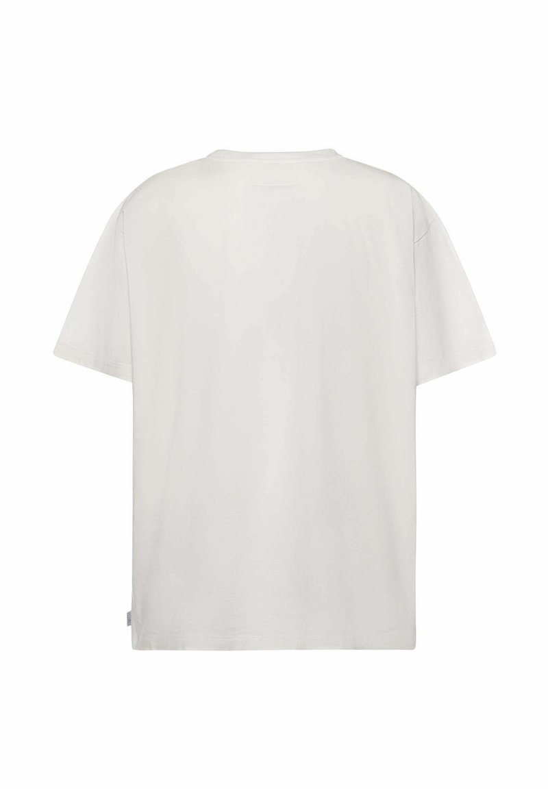T-shirt blanc uni en coton à manches courtes, montré de dos, avec un col rond et une petite étiquette en tissu sur la couture latérale inférieure.