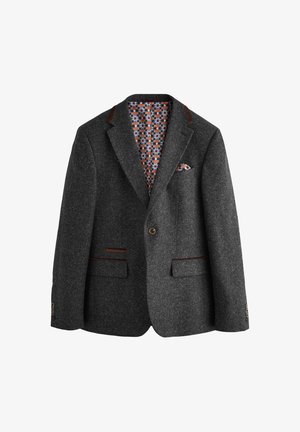 Mørkegrå blazer med én knap, med hakkede revers, brun kant, mønstret foer og matchende lommetørklæde.