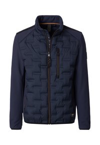 Navy Puffer-Jacke mit diamantgepatchter Textur, kontrastierenden Netzärmel, durchgehendem Reißverschluss und einer Akzent-Reißverschlusstasche auf der Brust.
