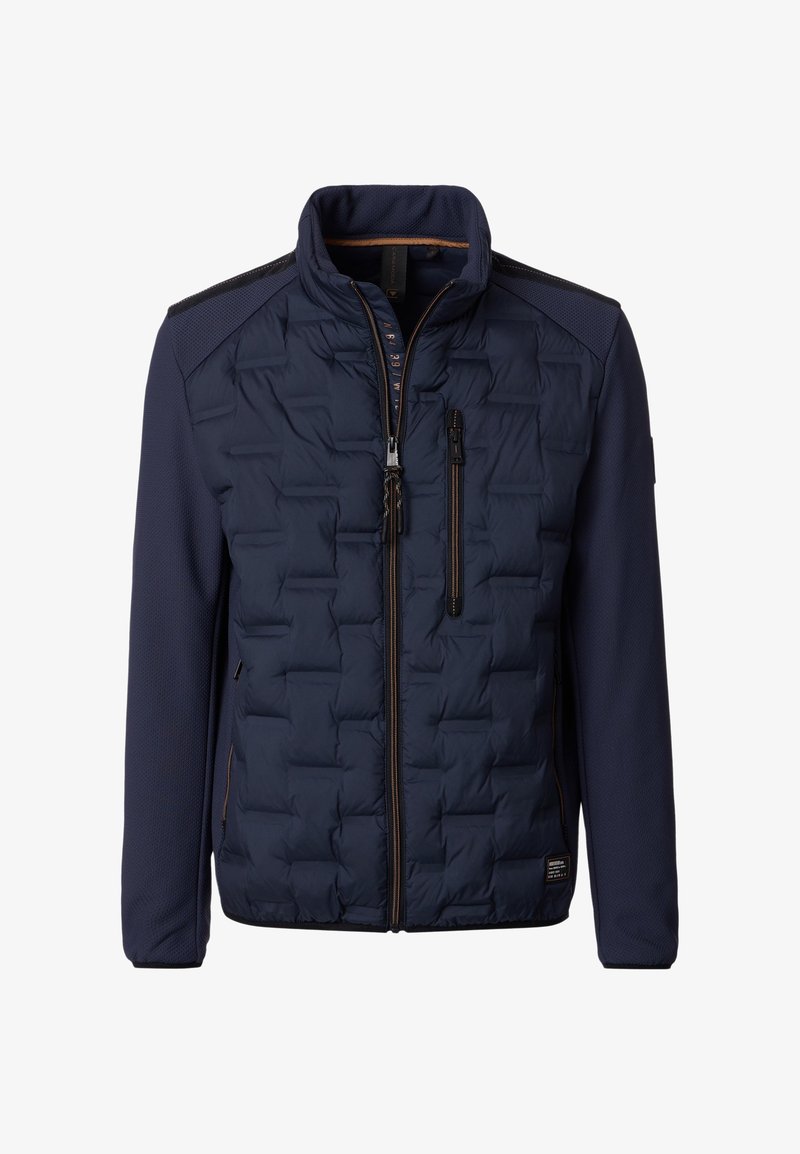 Navy Puffer-Jacke mit diamantgepatchter Textur, kontrastierenden Netzärmel, durchgehendem Reißverschluss und einer Akzent-Reißverschlusstasche auf der Brust.