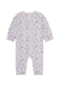 Lange mouw baby romper in lichtpaars, met een bloemenpatroon van kleine bloemen. Gathered manchetten en drukknoopjes aan de onderkant.
