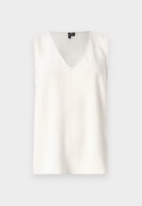 Haut sans manches blanc avec un décolleté en V, fabriqué en tissu texturé, présentant une coupe décontractée et des détails de couture minimaux.