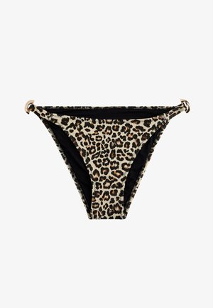 Leopardenmuster Bikinihose mit goldfarbenen Ringdetails an den Seiten und schwarzer Innenfütterung auf weißem Hintergrund.