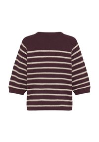 Burgundy knit sweater with cream horizontal stripes on sleeves and body, featuring a textured pattern and ribbed cuffs and hem.