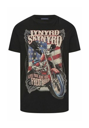 Czarna koszulka z vintage motocyklem i amerykańską flagą, z napisami "Lynyrd Skynyrd" i "Live Free, Ride Free, Free Bird".