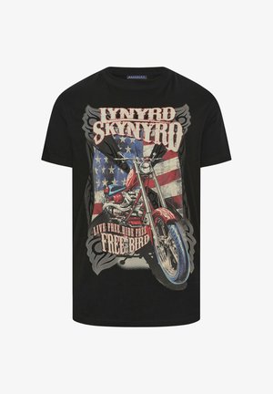 Czarna koszulka z vintage motocyklem i amerykańską flagą, z napisami "Lynyrd Skynyrd" i "Live Free, Ride Free, Free Bird".