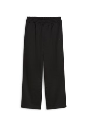 Pantalones deportivos negros hechos de una tela ligera, con una cintura elástica, dos bolsillos laterales y un pequeño logo en la pierna izquierda.