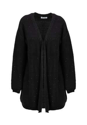 Gilet noir à coupe décontractée, manches longues, ouverture devant, et petits détails décoratifs éparpillés. Texture douce, design polyvalent.