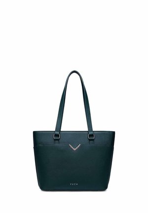 Schwarze Leder-Shopper-Tasche mit doppelten Trägern und silbernem Chevron-Detail, unten mittig mit "VUCH" gebrandet.