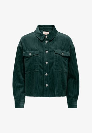 Veste en velours côtelé vert avec un col, fermeture à boutons, deux poches avant, poignets côtelés et texture verticale.