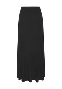 Gonna maxi plissettata nera con vita elastica. Realizzata in tessuto morbido, presenta righe verticali e una silhouette fluida.