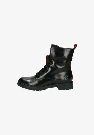 Black leather ankle boot with glossy finish, round toe, front lacing, and contrasting burgundy accents on laces and collar. Durable rubber sole.
