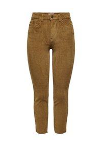 Pantalon en velours côtelé marron à coupe slim, doté d'une fermeture à boutons, de cinq poches et d'une texture côtelée verticale. Les finitions de l'ourlet sont brutes.