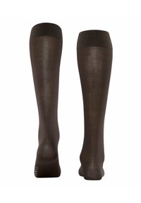 Braune knielange Socken mit einer glatten Textur und einfarbigem Design. Rippbündchen an der Oberkante sorgen für einen sicheren Sitz.