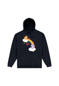 Černá mikina s kapucí, která obsahuje barevnou grafiku s duhou, mraky a karikaturami zvířat. Přední klokanka; měkká textilie.