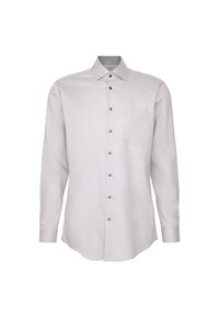 Witte langemouwen shirt met een puntige kraag, knoopsluiting, enkele borstzak en een patroon op de binnenkant van de kraag. Gladde stof textuur.