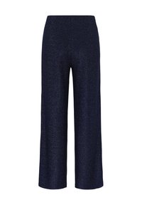 Marineblaue, weit geschnittene Hosen aus glitzerndem Stoff mit glatter Textur. Verfügt über einen hohen Taillenbund und keine sichtbaren Taschen oder Verschlüsse.